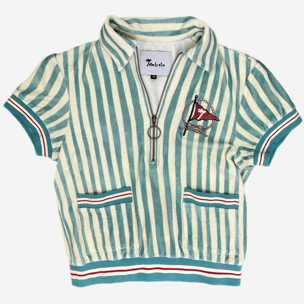 Tombolo Teal & Cream Striped Half-Zip Polo